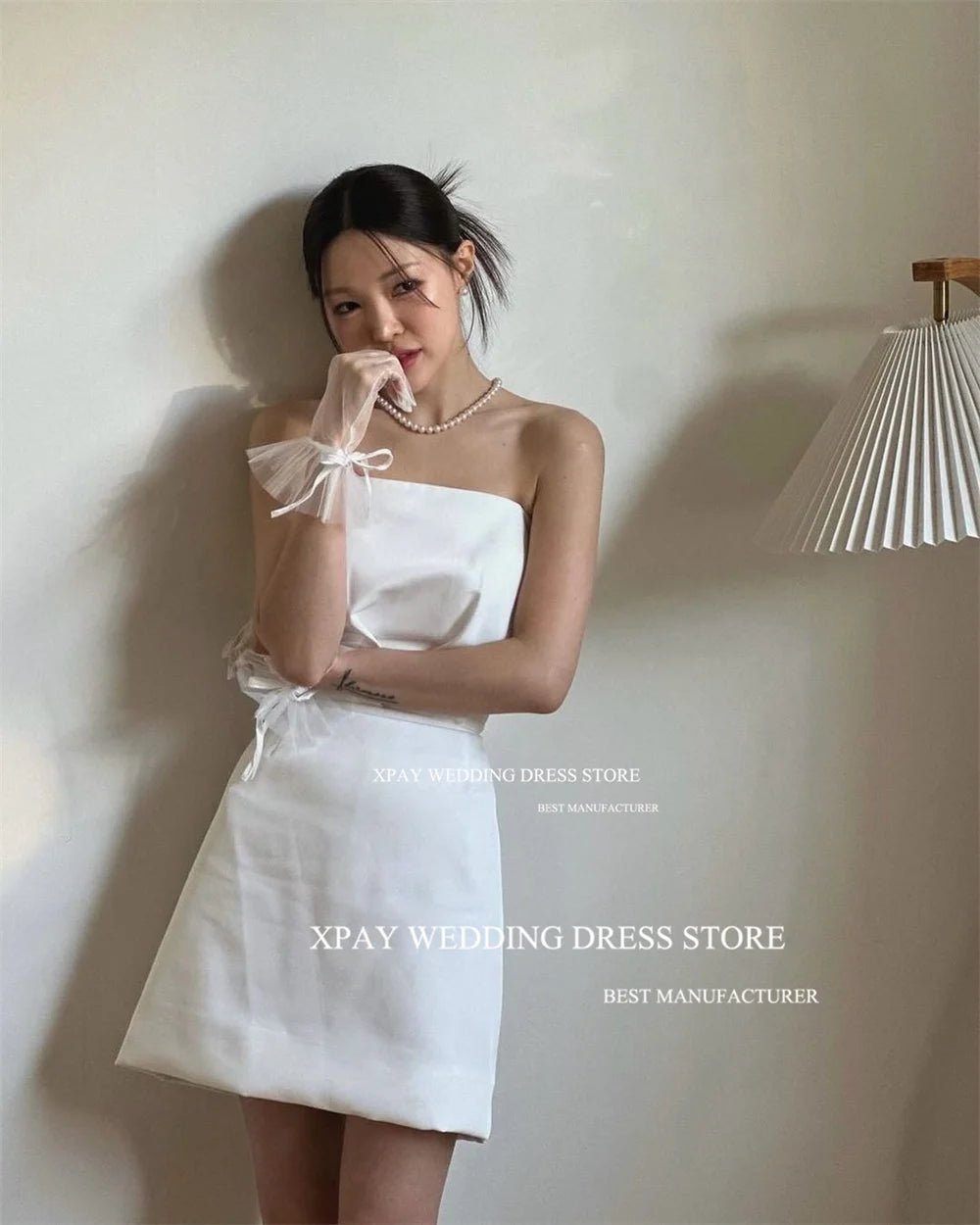 韓系現代兩件式抓褶網紗輕婚紗｜客製化大露背外拍短禮服｜孕婦可穿 - WeddLin 輕婚紗