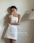 韓系現代兩件式抓褶網紗輕婚紗｜客製化大露背外拍短禮服｜孕婦可穿 - WeddLin 輕婚紗