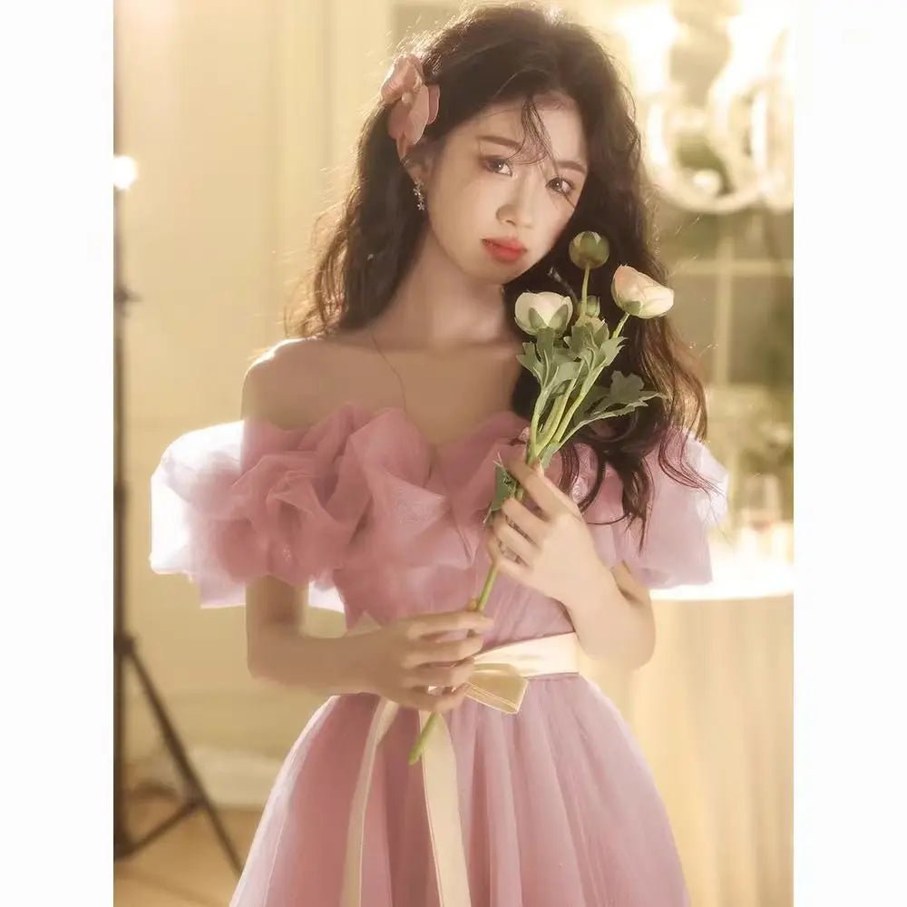 新款粉紅色露肩長女孩公主伴娘/宴會派對舞會/演出禮服 - WeddLin 輕婚紗