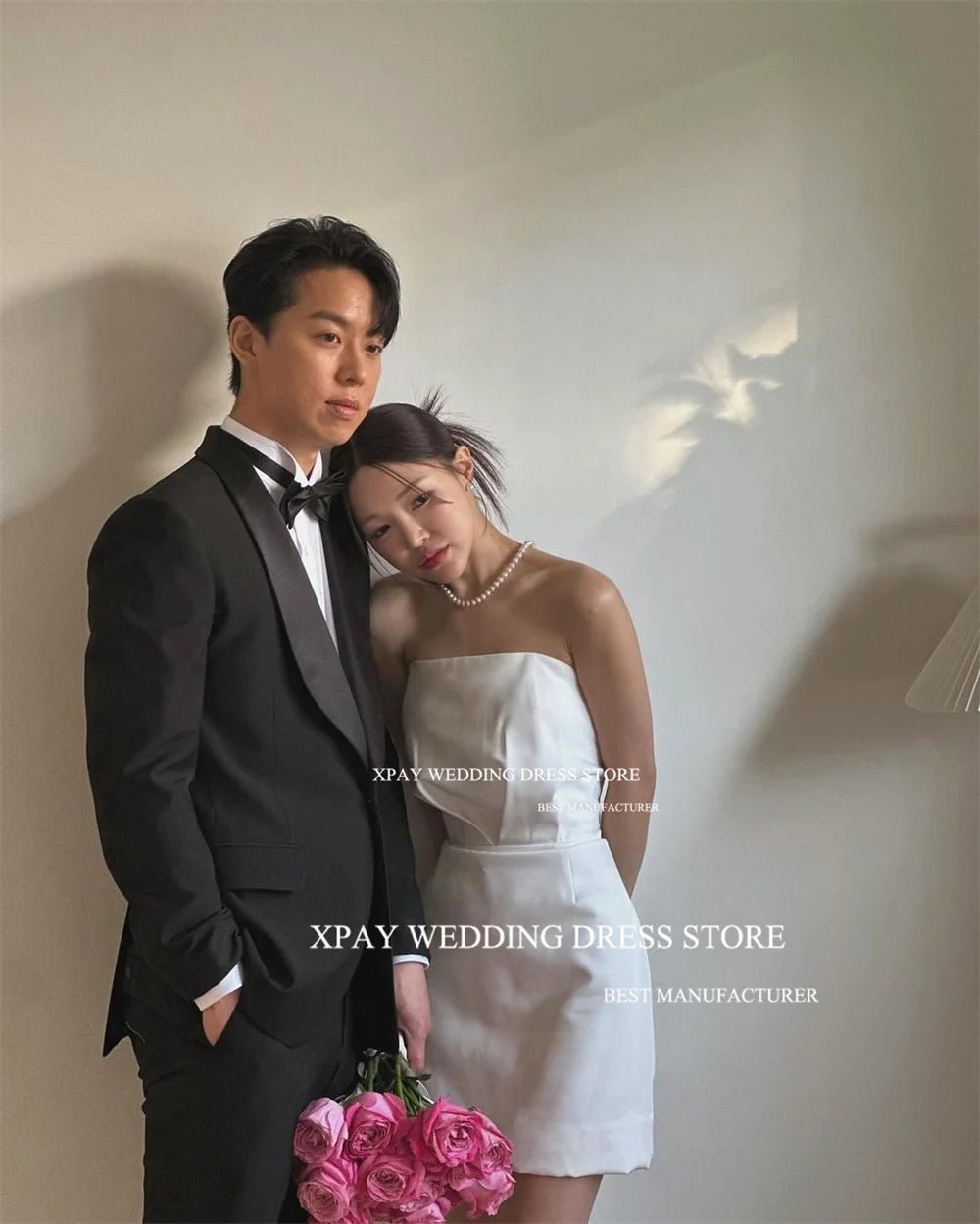 韓系現代兩件式抓褶網紗輕婚紗｜客製化大露背外拍短禮服｜孕婦可穿 - WeddLin 輕婚紗