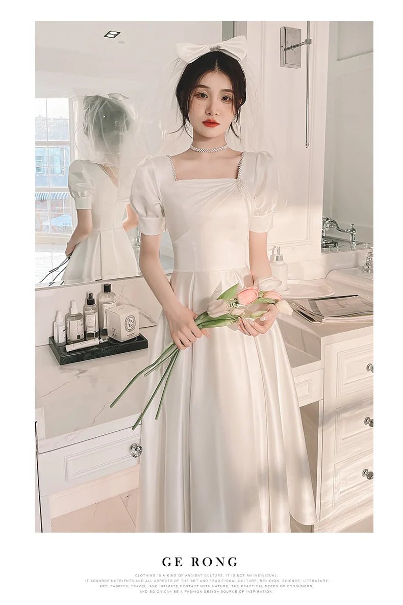 韓系氣質中長款象牙白小禮服/ 方領短袖/ 婚禮派對/表演洋裝 - WeddLin 輕婚紗