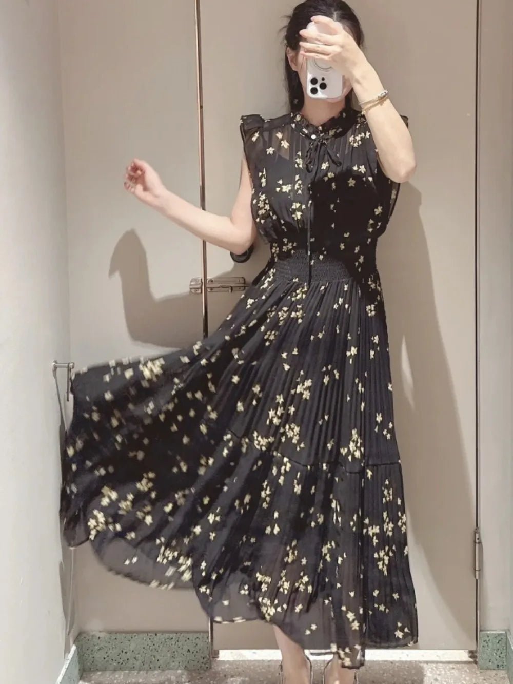 清新中長印花高腰長裙/新款溫柔文藝繫帶百褶修身精緻女裝/日本新款優雅連身裙 - WeddLin 輕婚紗