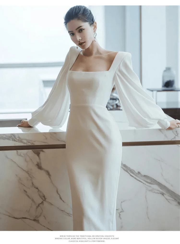 米白色圓領長袖修身婚紗｜中長版簡約新娘禮服 - WeddLin 輕婚紗