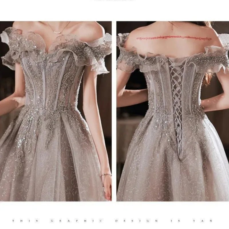 客製款灰色一字領長禮服 /晚宴生日舞會/宴會禮服/ 新款 - WeddLin 輕婚紗