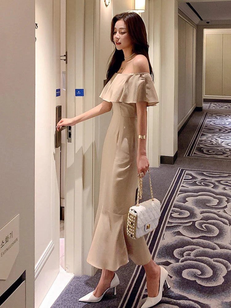 韓系夏季一字領開叉包臀長洋裝｜中長裙 蝴蝶袖 禮服風 美人魚剪裁 - WeddLin 輕婚紗