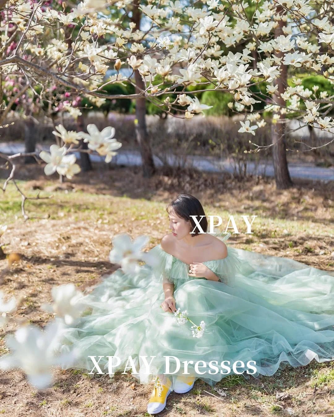 優雅一字肩薄紗晚禮服 /韓系 婚紗拍攝/ 鼠尾草綠 晚宴禮服/ 派對 客製化WeddLin 輕婚紗婚紗孕婦婚紗晚禮服派對