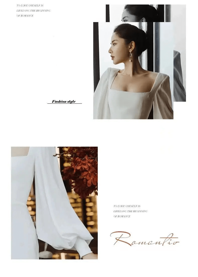 米白色圓領長袖修身婚紗｜中長版簡約新娘禮服 - WeddLin 輕婚紗