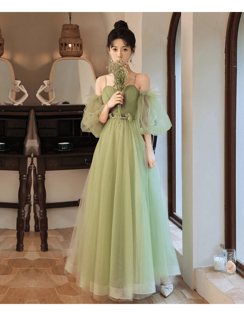 草綠色半袖女孩公主伴娘/宴會派對舞會/舞會長禮服 - WeddLin 輕婚紗