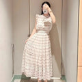 清新中長印花高腰長裙/新款溫柔文藝繫帶百褶修身精緻女裝/日本新款優雅連身裙 - WeddLin 輕婚紗