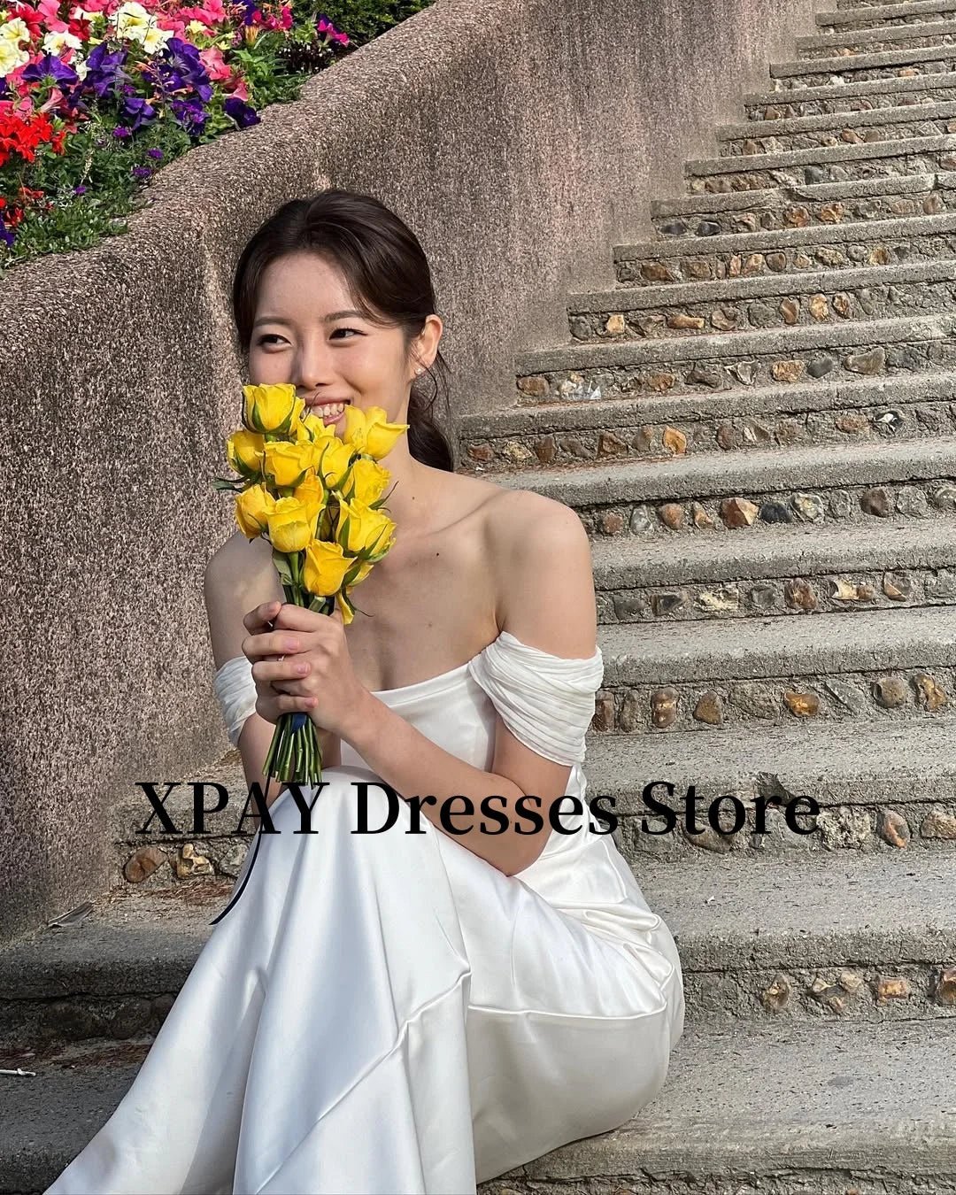 優雅露肩婚紗/韓國拍攝絲緞拖地新娘禮服/束腰後背簡約/定制 - WeddLin 輕婚紗