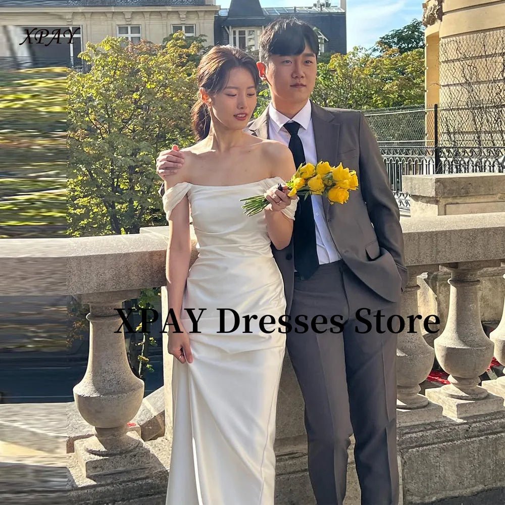 優雅露肩婚紗/韓國拍攝絲緞拖地新娘禮服/束腰後背簡約/定制 - WeddLin 輕婚紗