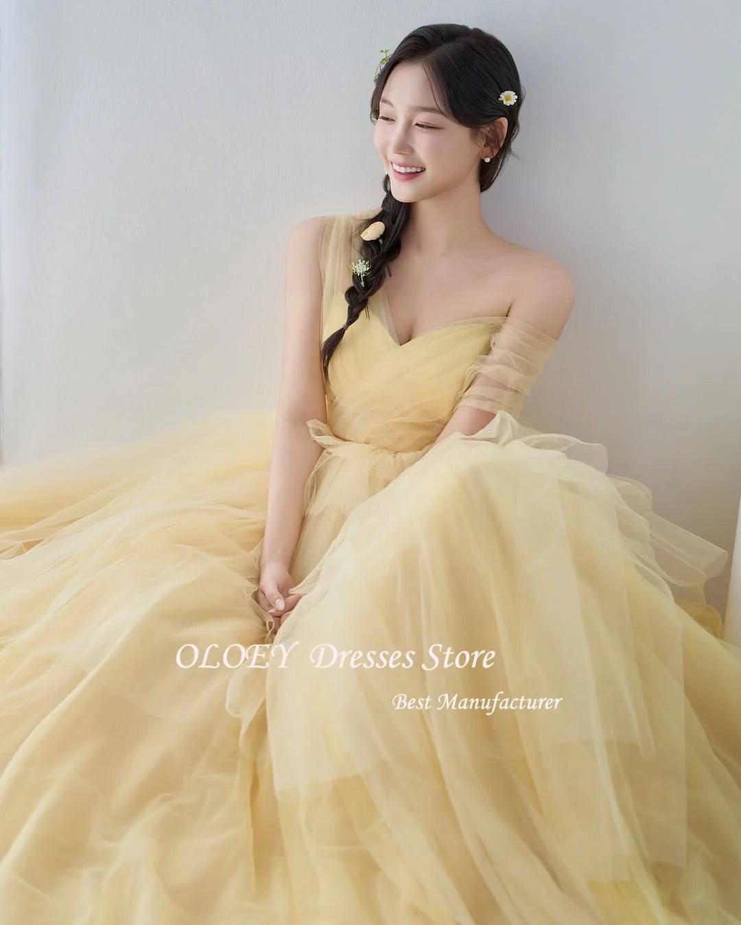 客製韓系禮服｜黃色一字肩多層紗長洋裝｜婚紗攝影／宴會／高級訂製款 - WeddLin 輕婚紗