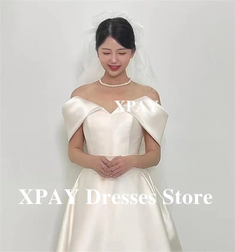 優雅露肩韓國婚紗拍照/袖緞面簡約新娘禮服/ 束腰新娘禮服/訂製 - WeddLin 輕婚紗