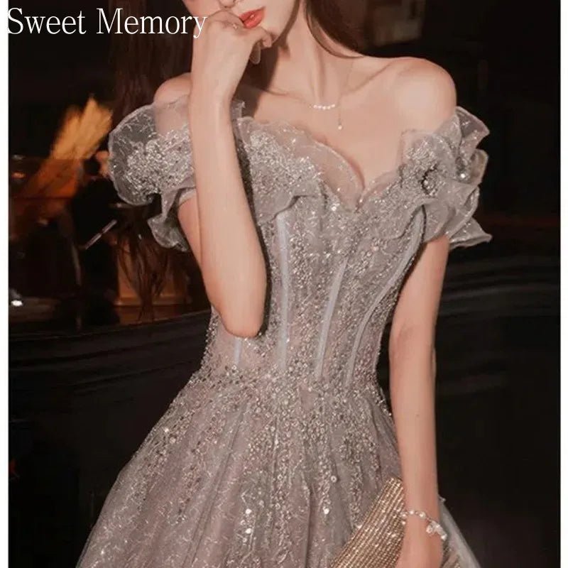 客製款灰色一字領長禮服 /晚宴生日舞會/宴會禮服/ 新款 - WeddLin 輕婚紗