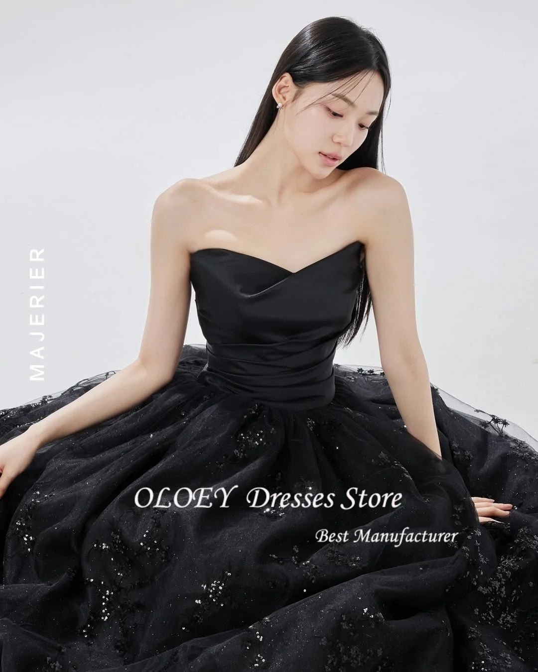 黑色甜心領亮面薄紗晚禮服 韓系長禮服 演出/派對/舞會 可訂製 - WeddLin 輕婚紗