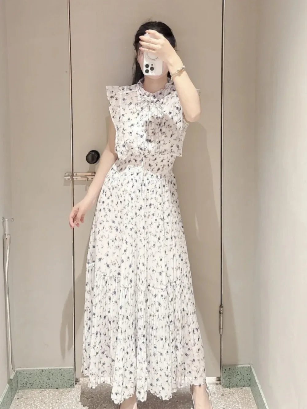 清新中長印花高腰長裙/新款溫柔文藝繫帶百褶修身精緻女裝/日本新款優雅連身裙 - WeddLin 輕婚紗