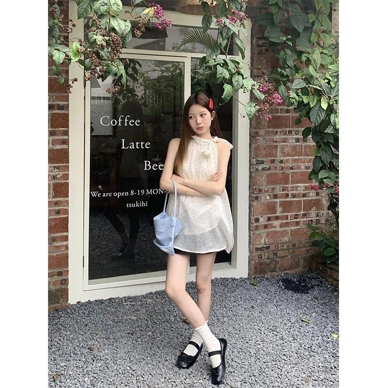 波點吊帶蝴蝶結上衣/復古韓系雪紡無袖襯衫/ 夏季休閒款 - WeddLin 輕婚紗