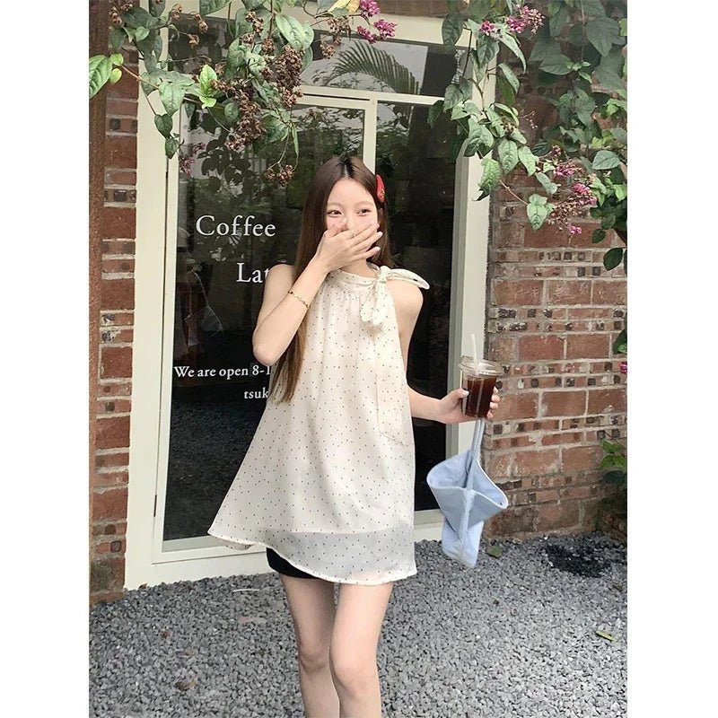 波點吊帶蝴蝶結上衣/復古韓系雪紡無袖襯衫/ 夏季休閒款 - WeddLin 輕婚紗
