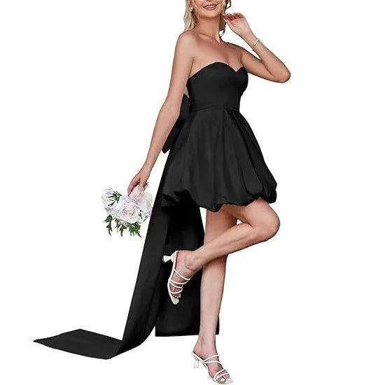 訂製款無肩大蝴蝶結禮服｜緞面短洋裝｜性感簡約設計｜新娘伴娘派對穿搭｜夏季宴會小禮服 - WeddLin 輕婚紗