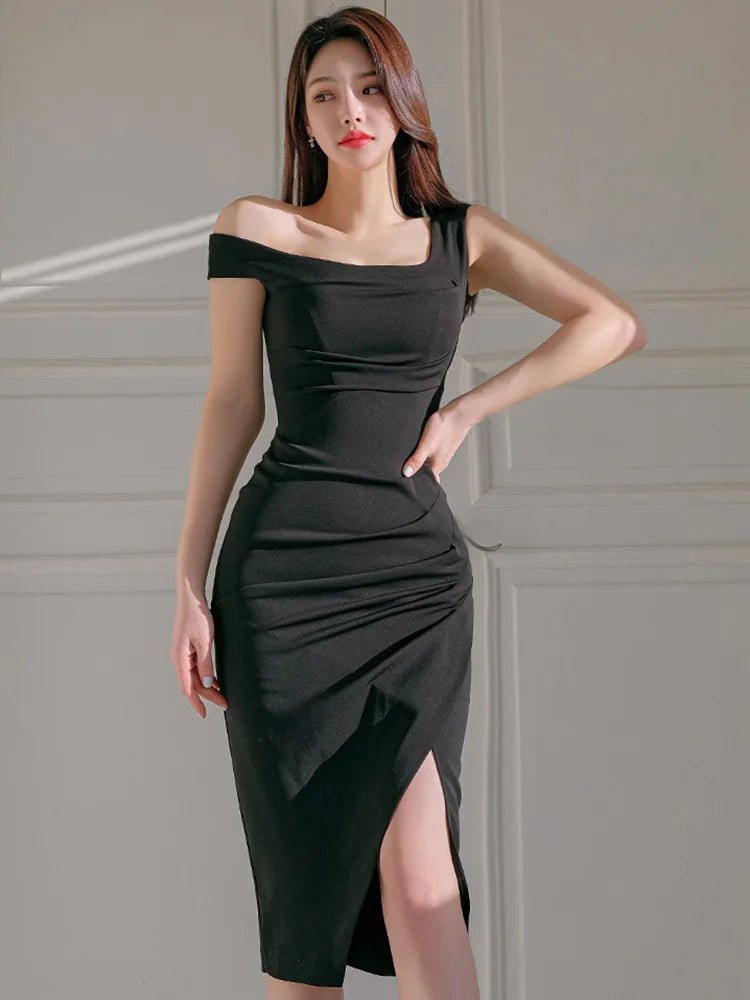 夏季單肩高腰修身開衩洋裝｜白色／黑色｜優雅顯瘦氣質款 - WeddLin 輕婚紗