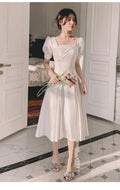 韓系氣質中長款象牙白小禮服/ 方領短袖/ 婚禮派對/表演洋裝 - WeddLin 輕婚紗