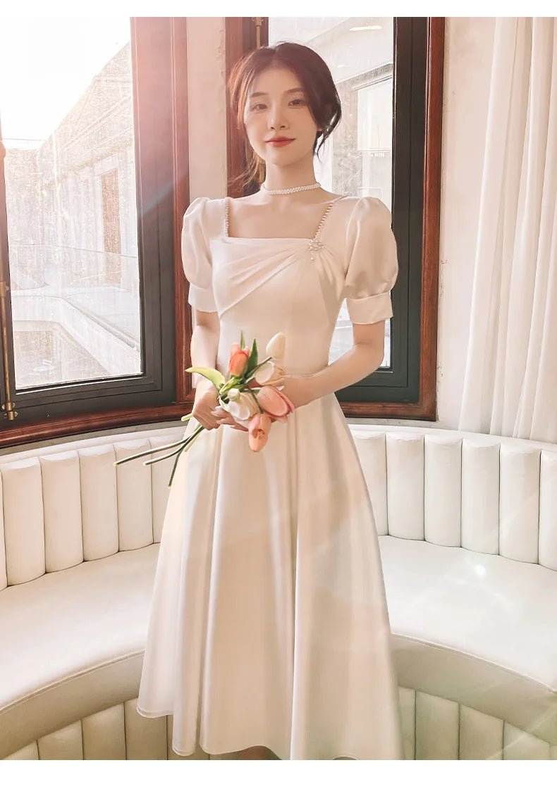 韓系氣質中長款象牙白小禮服/ 方領短袖/ 婚禮派對/表演洋裝 - WeddLin 輕婚紗