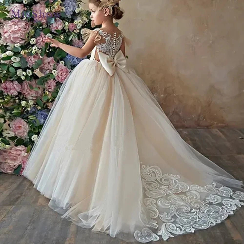 蕾絲蝴蝶結薄紗花童禮服 公主蓬蓬裙無袖兒童 - WeddLin 輕婚紗