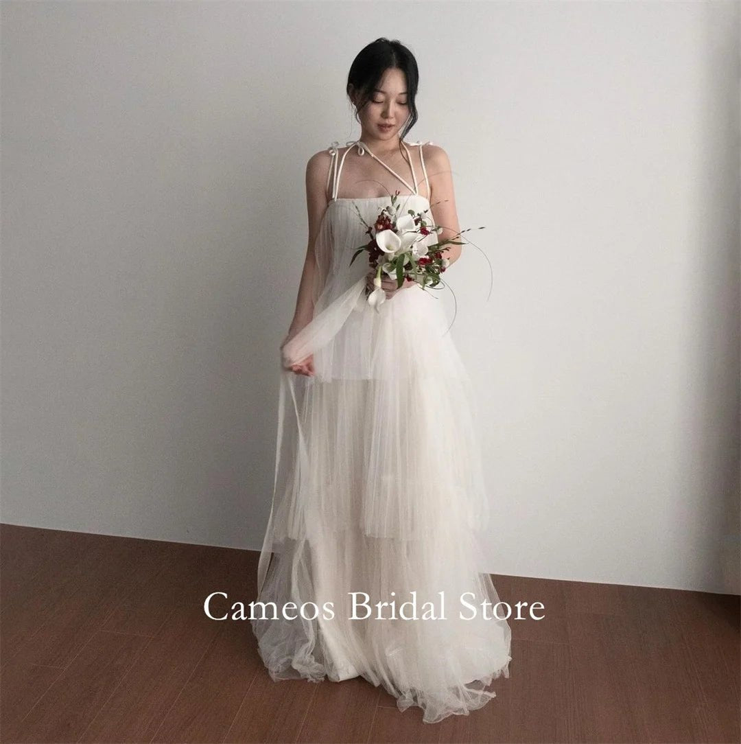 象牙白細肩帶無袖婚紗 - 韓國薄紗多層訂製禮服 - WeddLin 輕婚紗