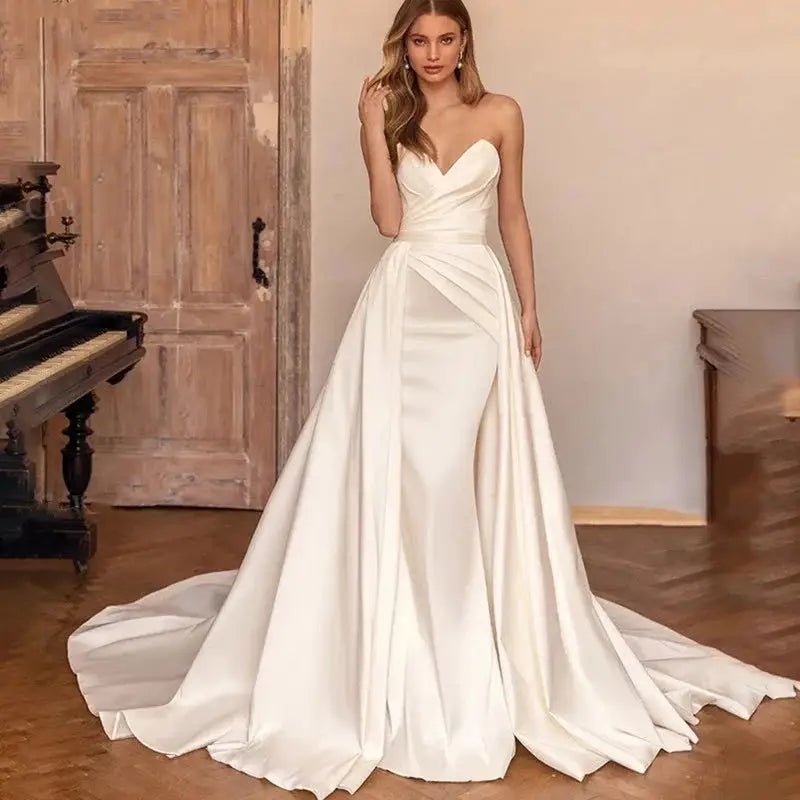 訂製二合一可拆卸拖尾婚紗 / 緞面無袖簡約美人魚公主新娘禮服 - WeddLin 輕婚紗