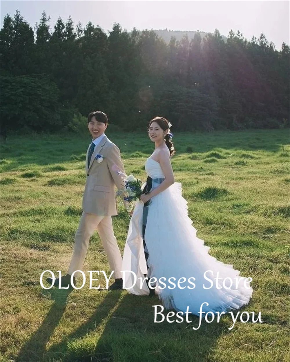 無肩帶高開衩多層褶襉掃尾韓式婚紗/ 客製款 - WeddLin 輕婚紗