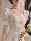 韓系氣質中長款象牙白小禮服/ 方領短袖/ 婚禮派對/表演洋裝 - WeddLin 輕婚紗