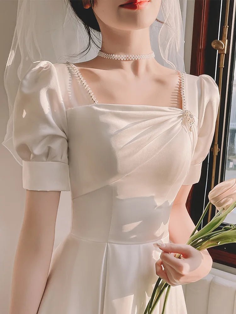 韓系氣質中長款象牙白小禮服/ 方領短袖/ 婚禮派對/表演洋裝 - WeddLin 輕婚紗