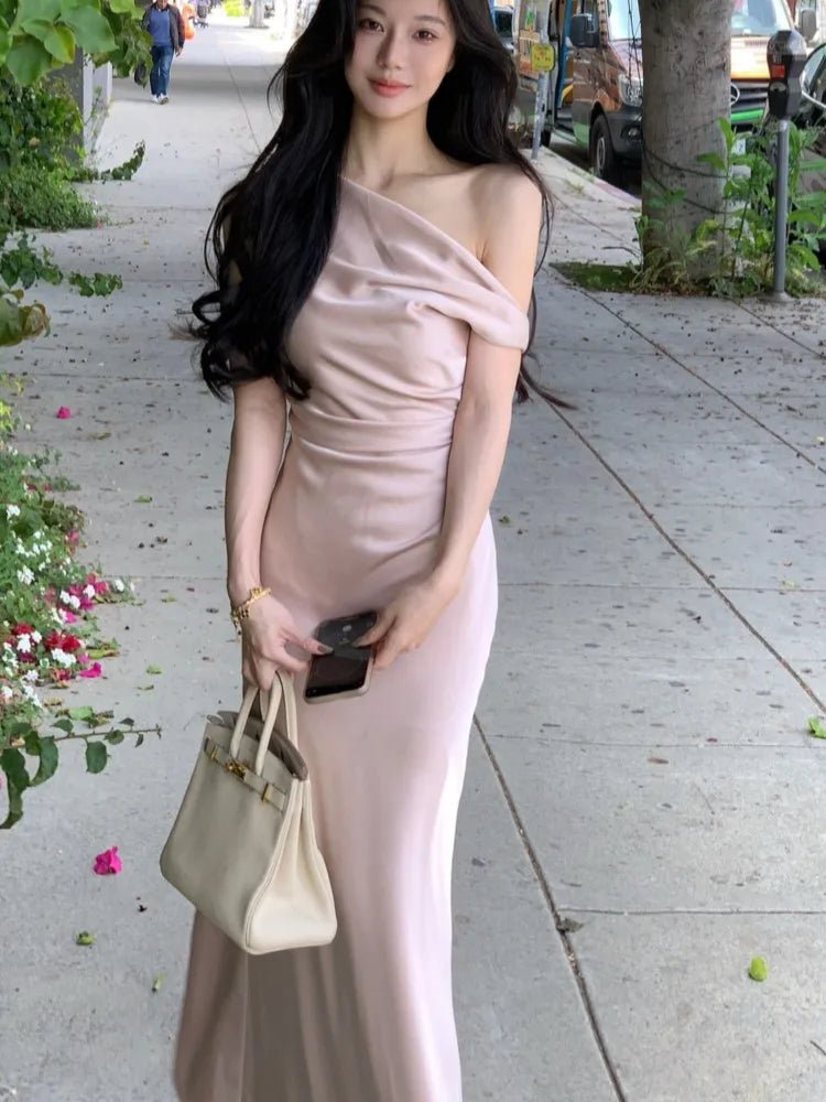 優雅純色晚會禮服/夏季時尚韓版畢業禮服/露肩修身連身裙 (現貨) - WeddLin 輕婚紗