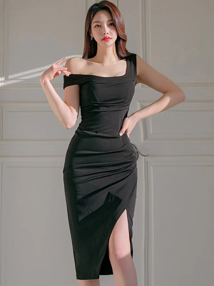 夏季單肩高腰修身開衩洋裝｜白色／黑色｜優雅顯瘦氣質款 - WeddLin 輕婚紗