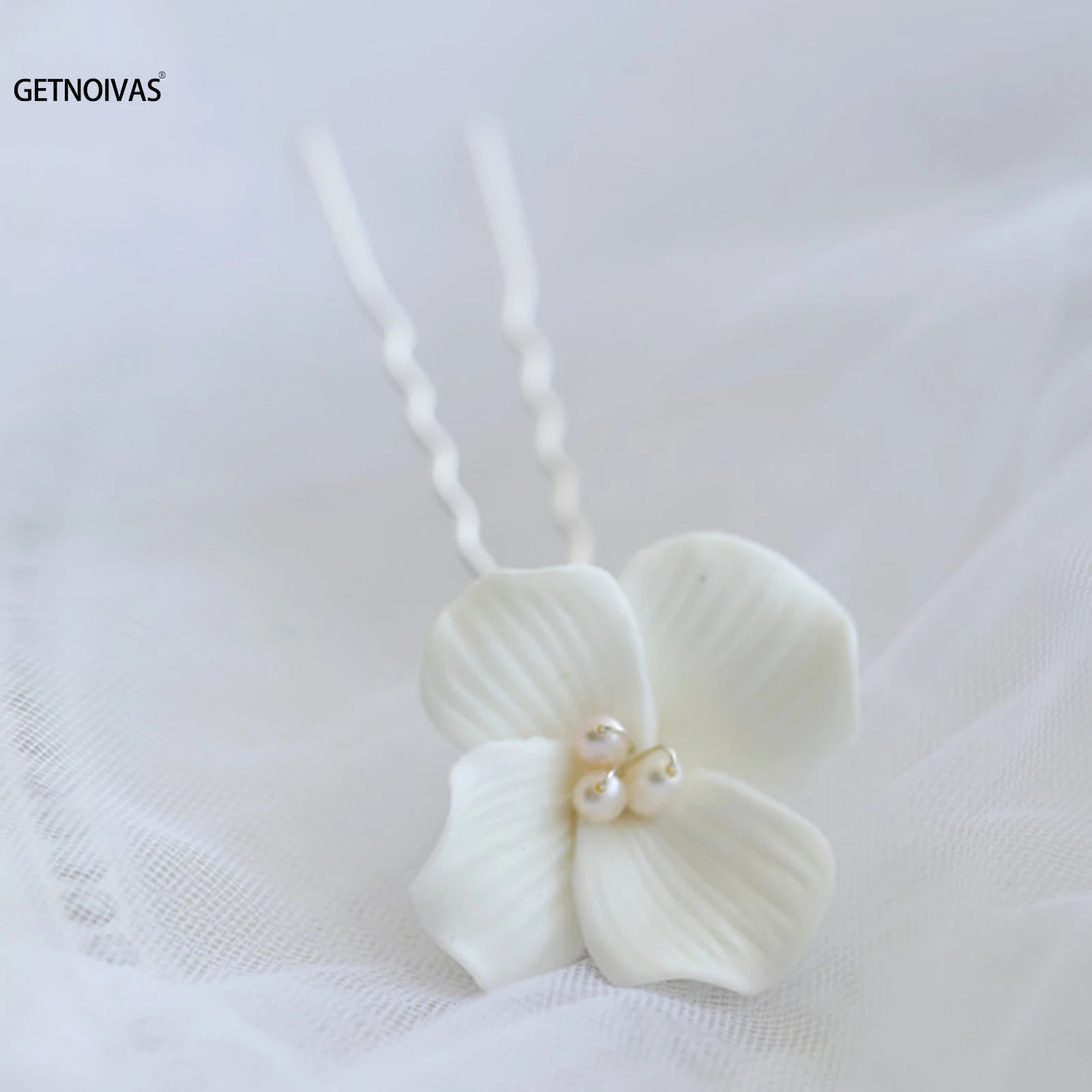 白色陶瓷花新娘髮夾/ 髮簪/ 婚禮頭飾/髮飾品 - WeddLin 輕婚紗