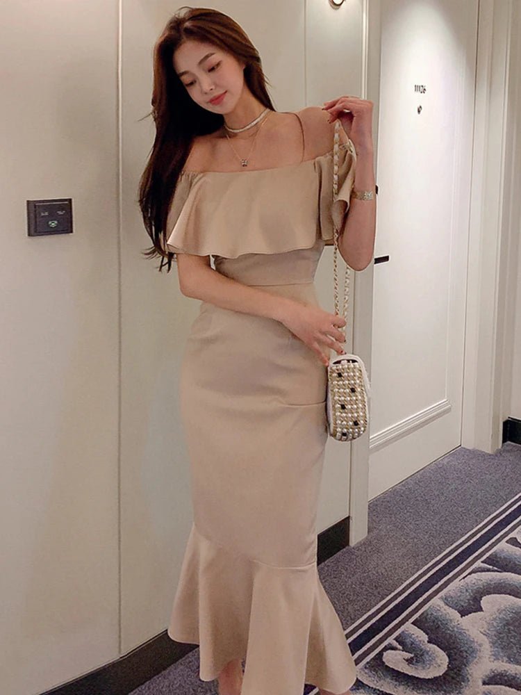 韓系夏季一字領開叉包臀長洋裝｜中長裙 蝴蝶袖 禮服風 美人魚剪裁 - WeddLin 輕婚紗