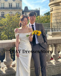 優雅露肩婚紗/韓國拍攝絲緞拖地新娘禮服/束腰後背簡約/定制 - WeddLin 輕婚紗