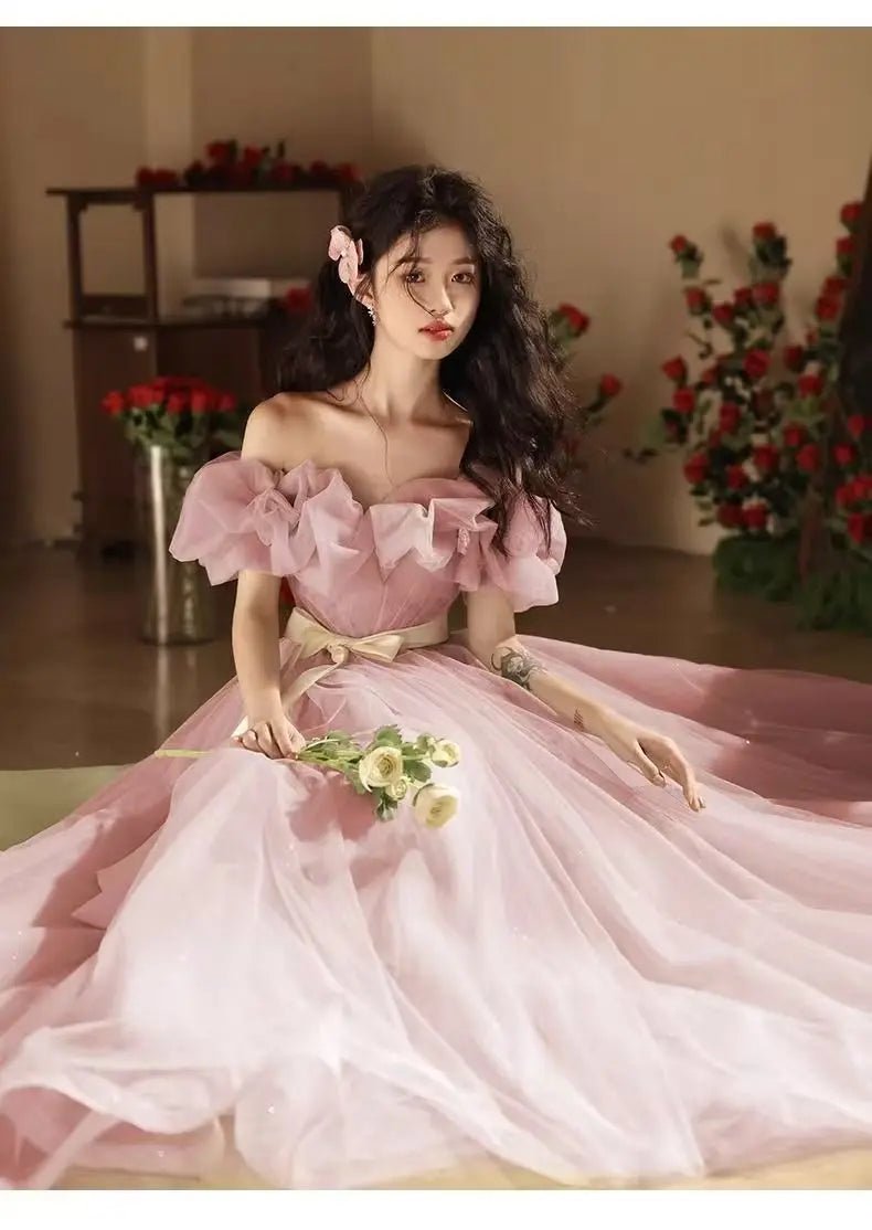 新款粉紅色露肩長女孩公主伴娘/宴會派對舞會/演出禮服 - WeddLin 輕婚紗