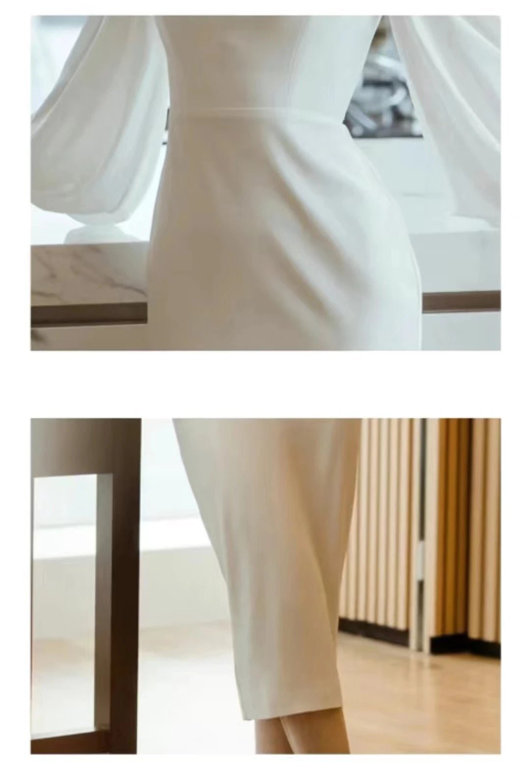 米白色圓領長袖修身婚紗｜中長版簡約新娘禮服 - WeddLin 輕婚紗