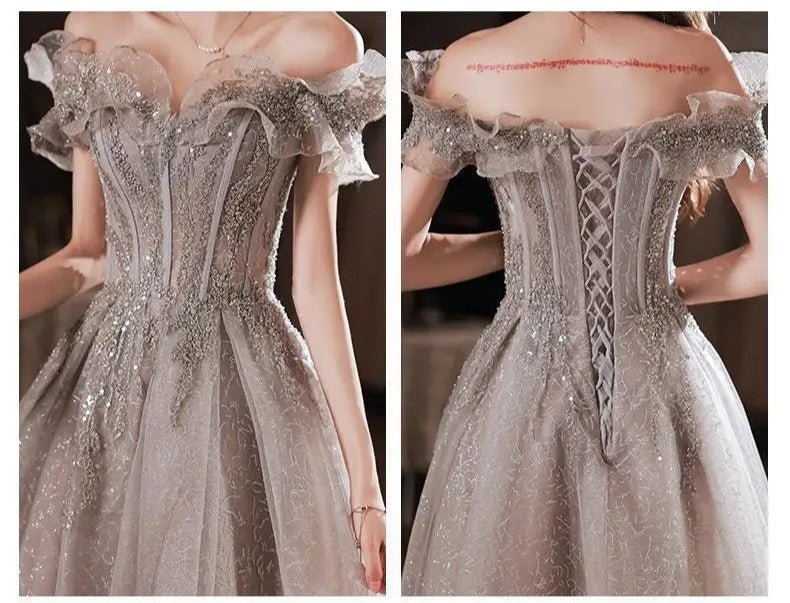 客製款灰色一字領長禮服 /晚宴生日舞會/宴會禮服/ 新款 - WeddLin 輕婚紗