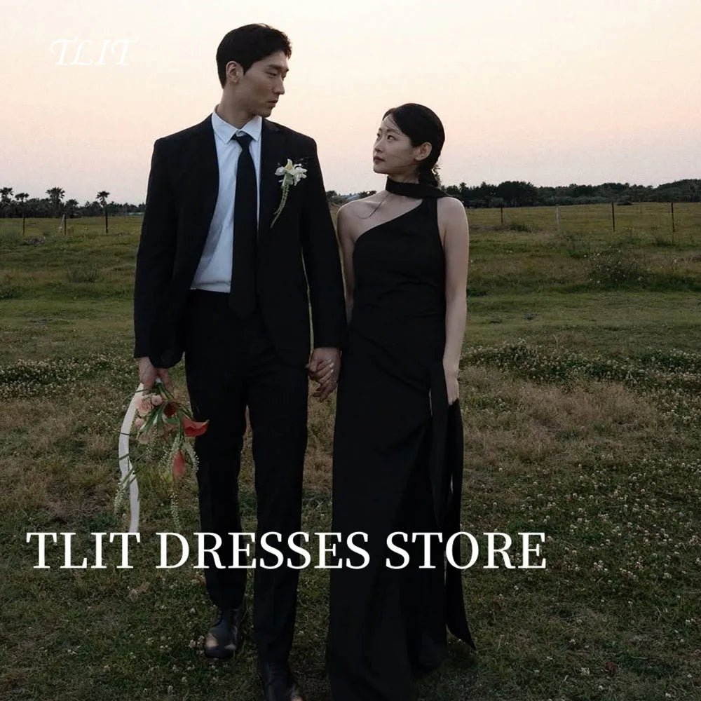 簡約黑色彈性緞面露肩長禮服 附披肩 晚宴/舞會/婚禮洋裝 可客製尺寸 - WeddLin 輕婚紗