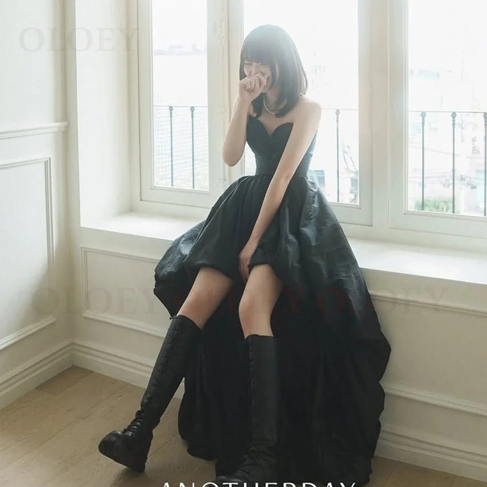 簡約黑色塔夫綢舞會禮服/韓國婚禮拍照/褶皺甜心領晚會禮服/緊身胸衣/訂製 - WeddLin 輕婚紗