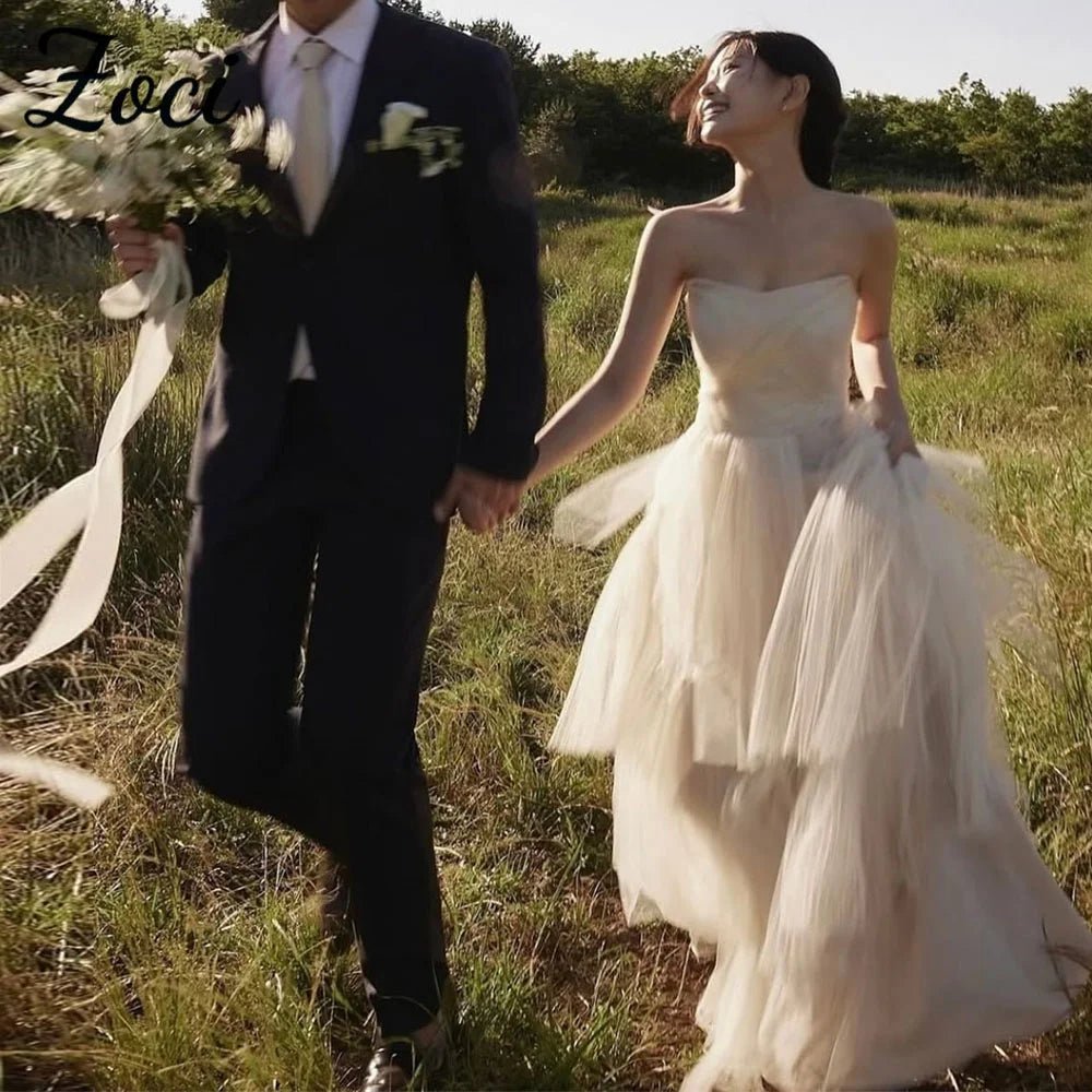 公主甜心韓國婚紗訂製/褶皺多層薄紗新娘拍照禮服/及地長婚紗 - WeddLin 輕婚紗