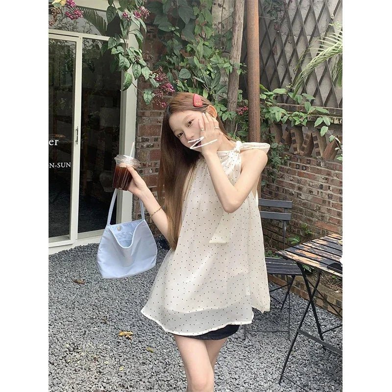 波點吊帶蝴蝶結上衣/復古韓系雪紡無袖襯衫/ 夏季休閒款 - WeddLin 輕婚紗