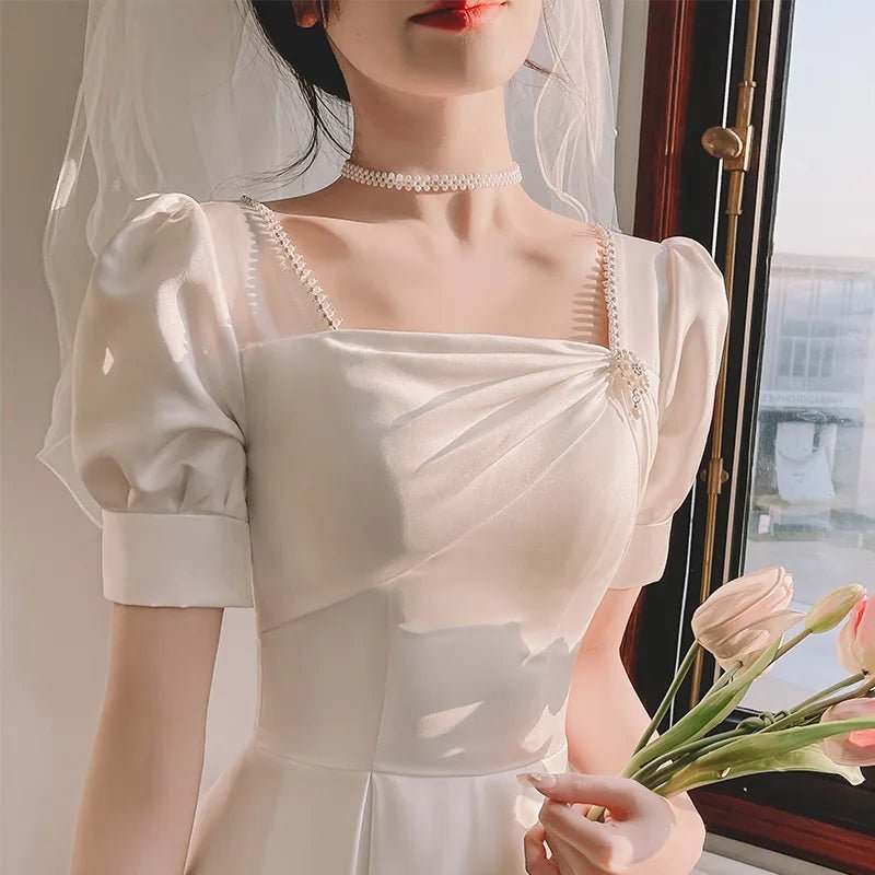 韓系氣質中長款象牙白小禮服/ 方領短袖/ 婚禮派對/表演洋裝 - WeddLin 輕婚紗