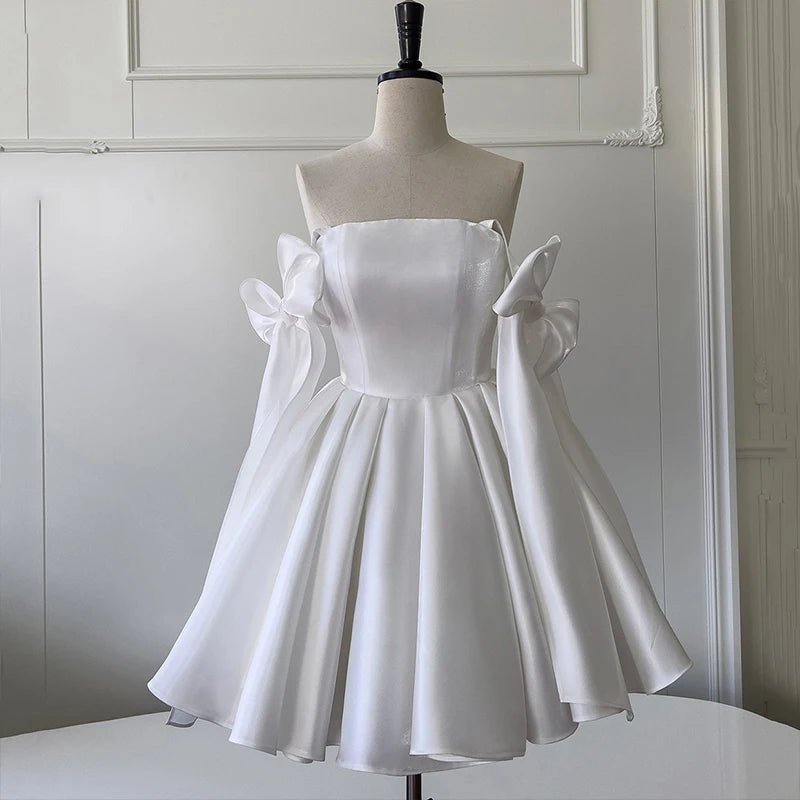 婚紗禮服/甜美蝴蝶結吊帶裙/緞面晚禮服/優雅性感迷你裙/簡約婚禮派對禮服 - WeddLin 輕婚紗