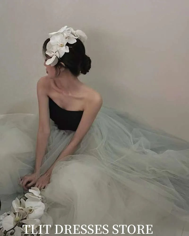 淡綠色薄紗禮服｜可訂製無肩晚禮洋裝｜婚紗攝影造型服 - WeddLin 輕婚紗