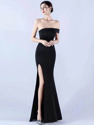 一字領露背貼身長洋裝｜黑白色露肩開衩禮服 - WeddLin 輕婚紗