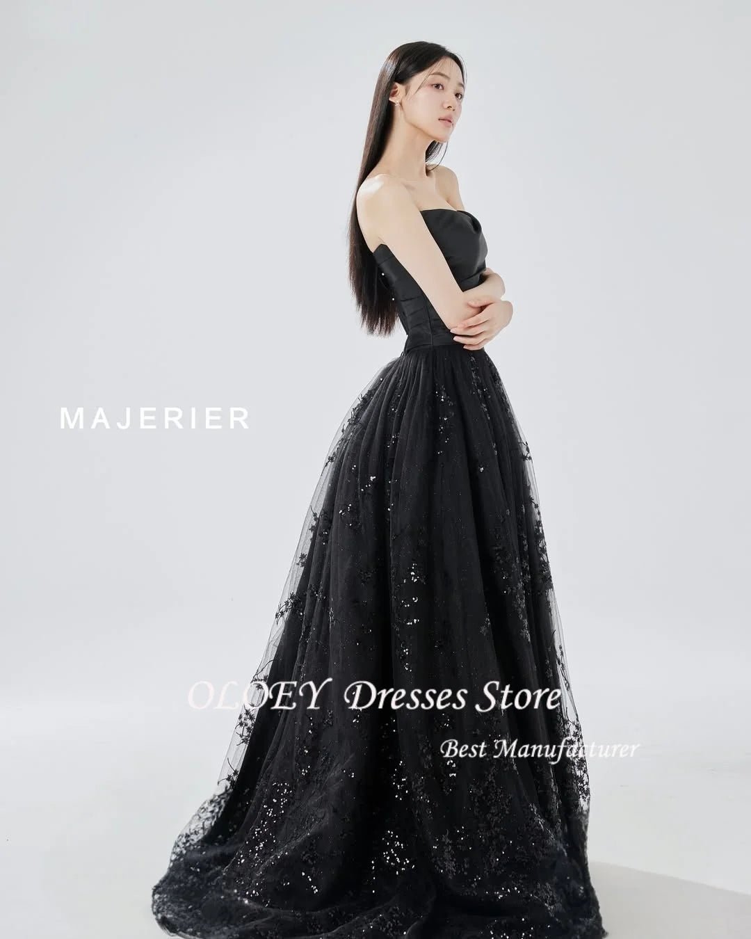 黑色甜心領亮面薄紗晚禮服 韓系長禮服 演出/派對/舞會 可訂製 - WeddLin 輕婚紗