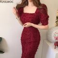 日系甜美復古紅洋裝｜方領拉鍊設計｜韓系中長裙｜約會節日派對款 - WeddLin 輕婚紗